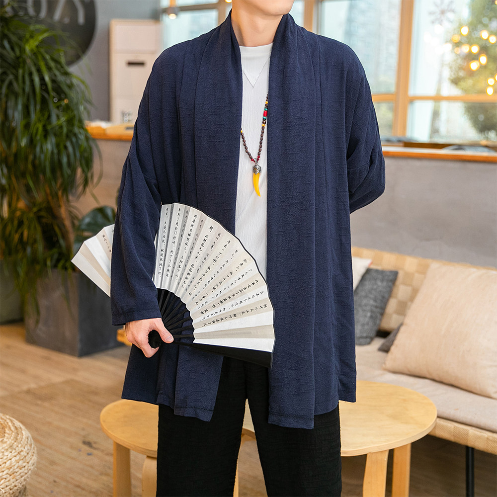 秋季风开衫低调立体细纹亚麻长袖开衫披风男外套春衣D609P90图片