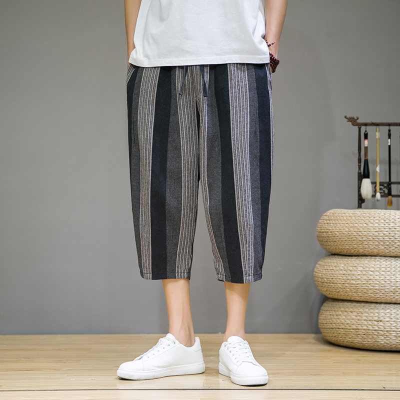 2023夏季新款条纹棉麻风休闲男裤宽松七分裤D736P55，男装休闲裤，星座312B-2