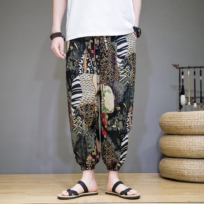 2023夏风男装花色宽松棉麻哈伦裤休闲裤D757P45,男装休闲裤,星座312B-2