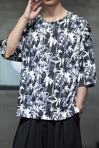 新中式男装风夏季冰丝薄款圆领T恤宽松潮流休闲上衣D933P45图片