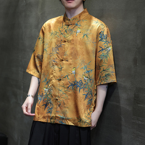 新中式唐装男风夏季薄款提花短袖衬衫盘扣冰丝衬衣D928P70图片