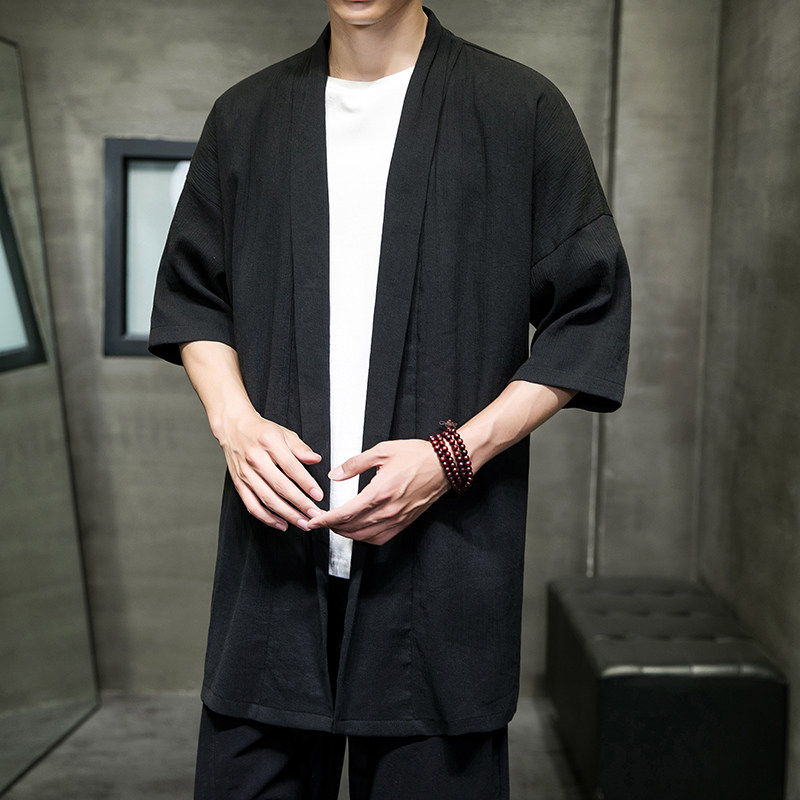 夏季纯色防晒汉元素风亚麻棉短袖开衫风衣男士道袍D853P70,男装民族服装,星座312B-2