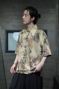 新中式唐装男风夏季山水画提花短袖衬衫盘扣冰丝衬衣D929P70图片