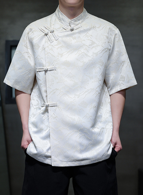 2025新款中国风盘扣山卉提花新中式短袖男衬衫D964P65