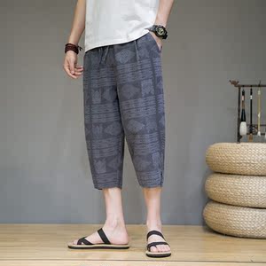 男夏季薄款男士休闲宽松男装棉麻裤子七分裤D721P6078图片