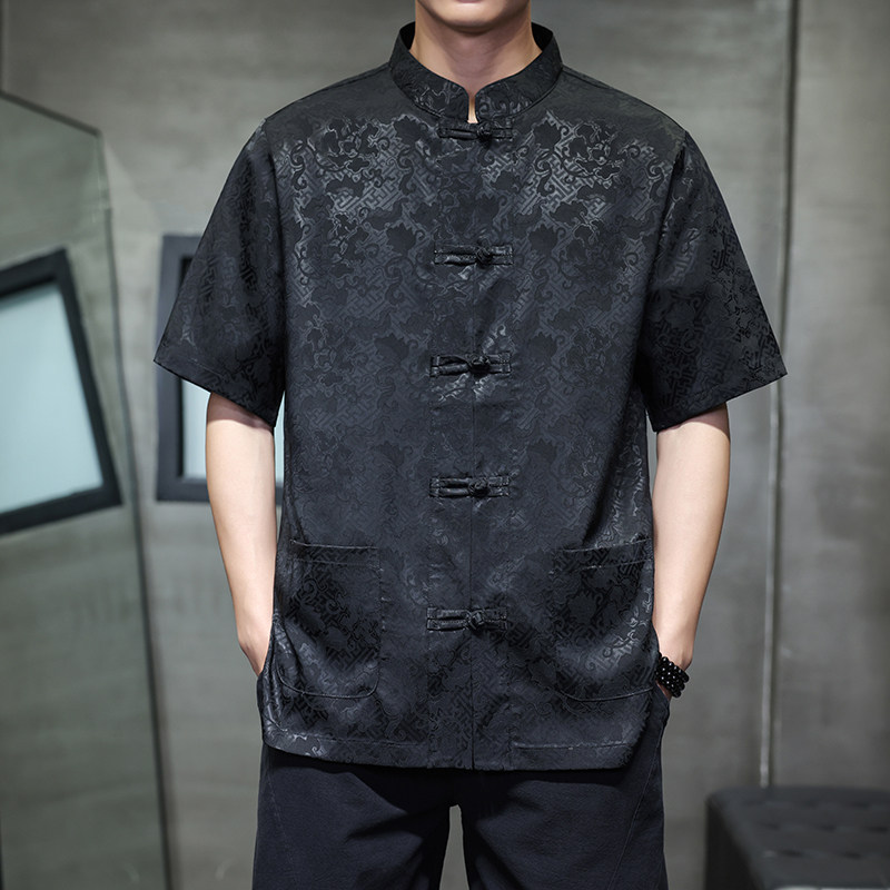 2025新款风几何提花冰丝手工盘扣短袖男衬衫D1101P65,男装衬衫,星座312B-2