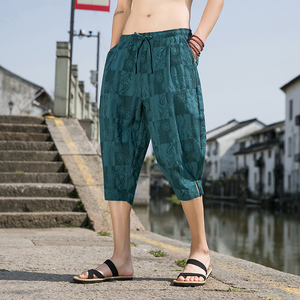 2023夏季男士提花七分裤宽松棉麻风休闲裤D830P60图片