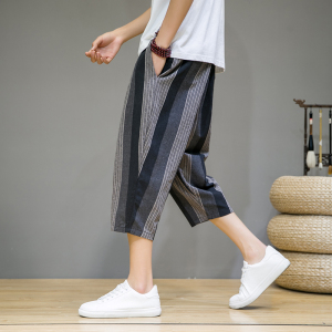 2023夏季新款条纹棉麻风休闲男裤宽松七分裤D736P55图片