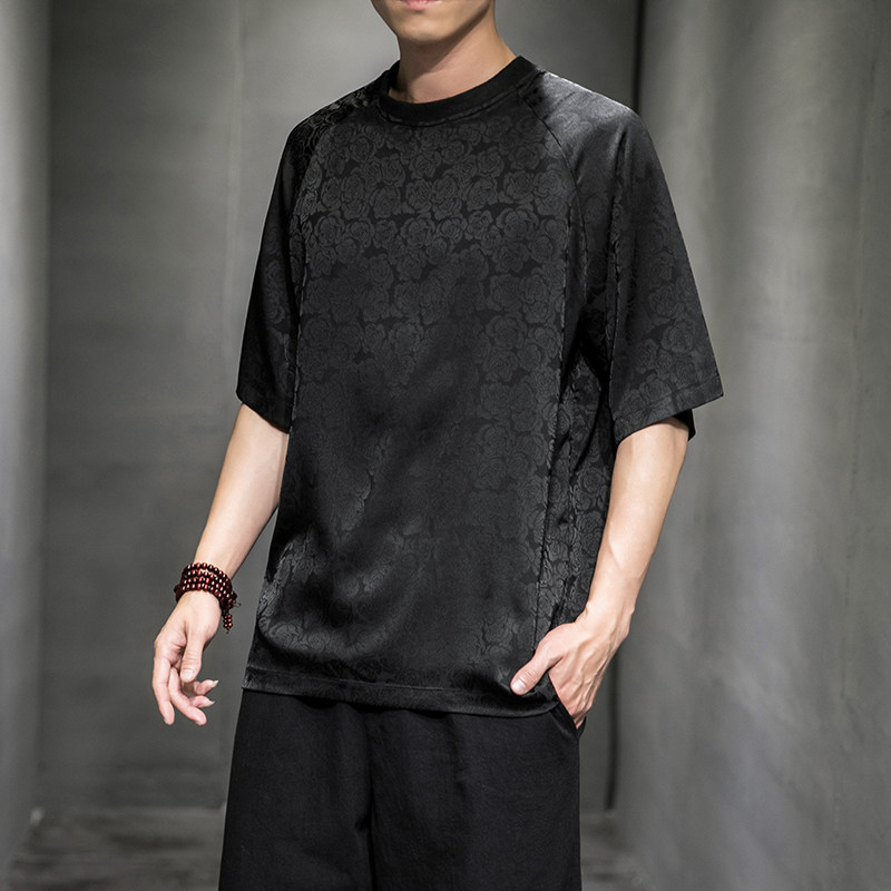2023夏季新款圆领男款冰丝玫瑰提花T恤D654P35图片
