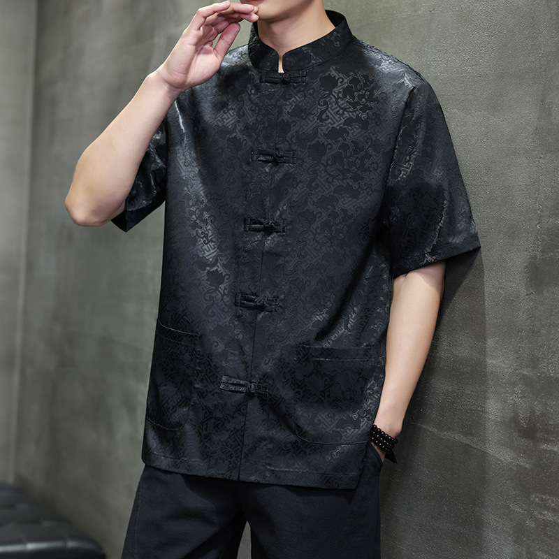 2025新款风几何提花冰丝手工盘扣短袖男衬衫D1101P65，男装衬衫，星座312B-2