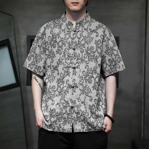 2025新款中国风夏季短袖提花宽松衬衫盘扣半袖男装D963P55