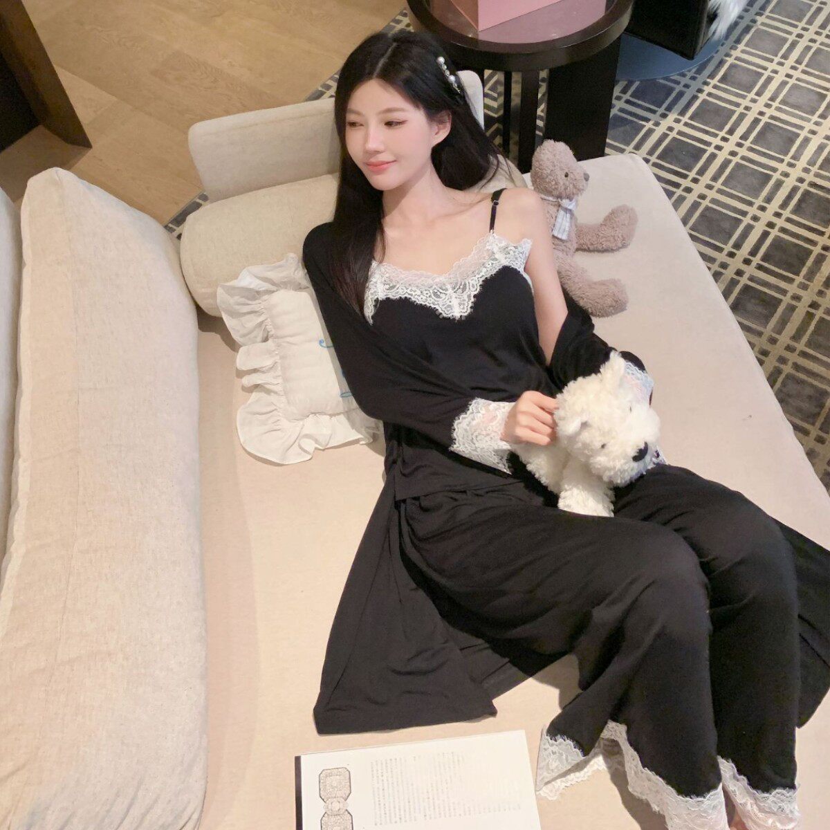莫代尔睡衣女三件套春秋带胸垫