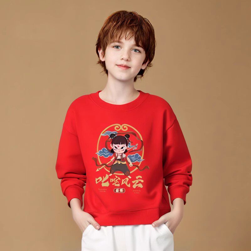2025新款儿童卫衣春秋哪吒2爆款男童上衣女童T恤宽松百搭红色薄款
