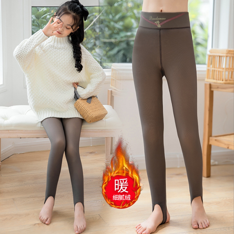 女童灰透肤打底裤加绒加厚假透肉