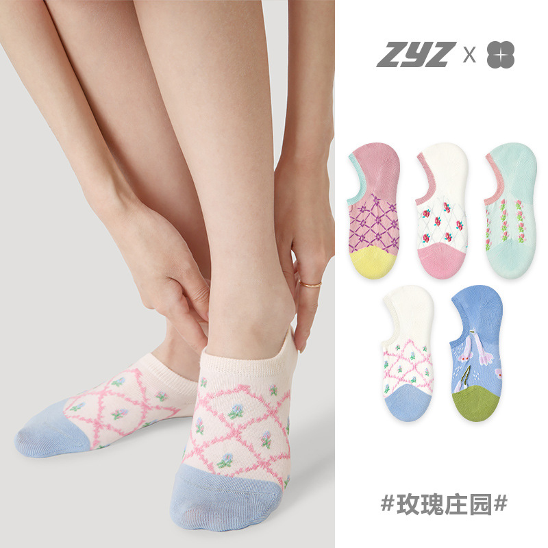 文艺复兴袜子女花卉少女短袜春夏季薄款棉袜防滑不掉脚隐形船袜潮