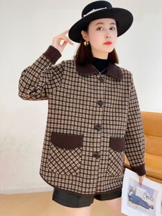 秋季休闲女士外套春秋款短款妈妈格子水貂绒大衣洋气2023年新款