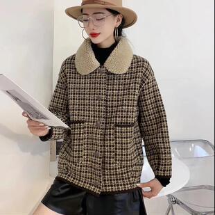 格子毛领水貂绒外套双面绒加厚短款大衣开衫宽松休闲女装中年女装