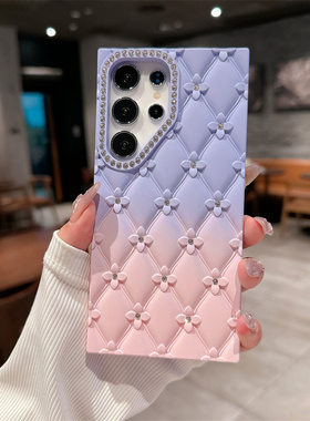 高级格纹渐变镶钻适用三星s25ultra手机壳新款s24plus网红s23+硅胶FE全包防摔加galaxy小众25U外壳uitra女a16