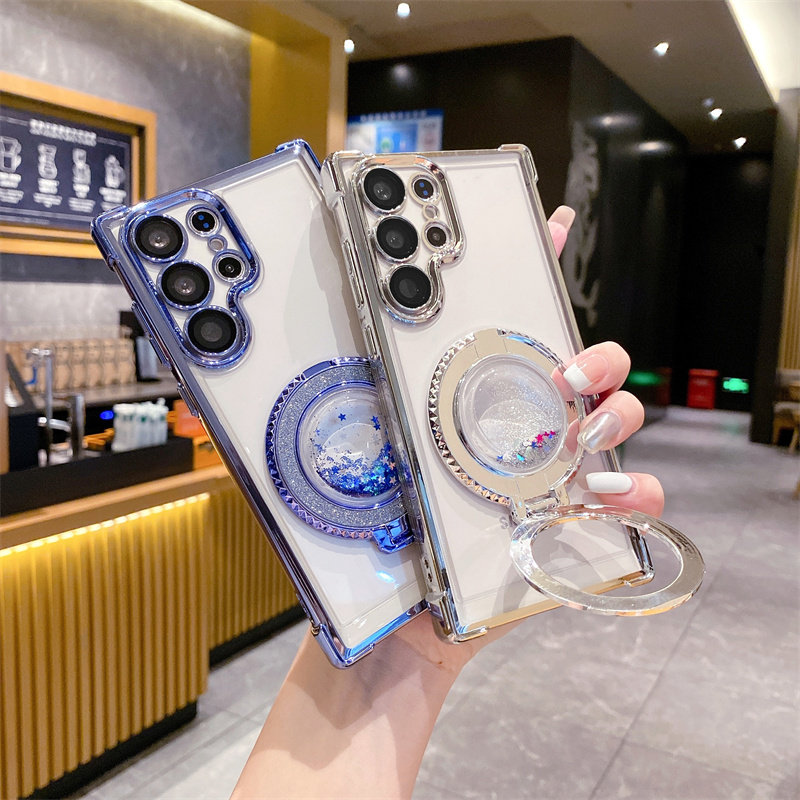 流沙透明适用三星s24ultra手机壳支架s23fe镜头膜s22+四角防摔s25u指环扣note20女A55A35A34A535G保护套uitra