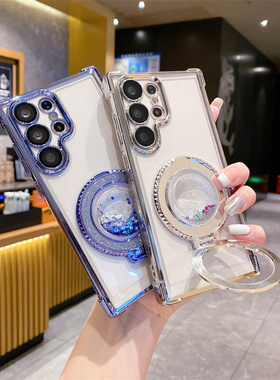 流沙透明适用三星s24ultra手机壳支架s23fe镜头膜s22+四角防摔s25u指环扣note20女A55A35A34A535G保护套uitra