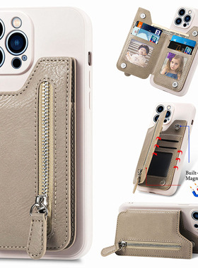 适用苹果15手机壳带卡槽13pro插卡套iphone14promax拉链钱包11卡包17硅胶xs背卡7plus带支架16可放卡全包case