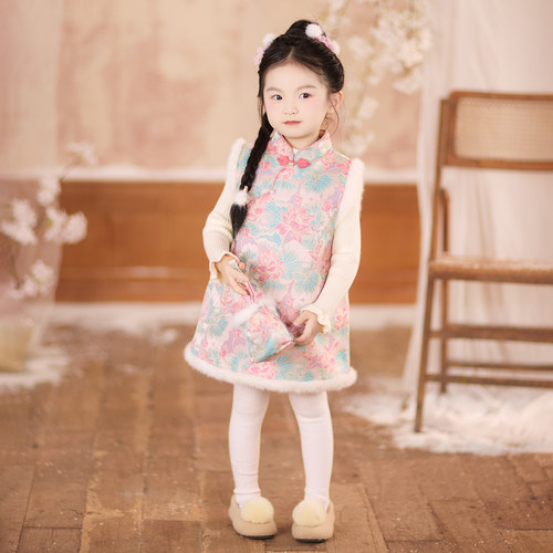 拾月汉服女童冬款儿童新中式国风仙气旗袍裙女孩夹棉背心裙连衣裙