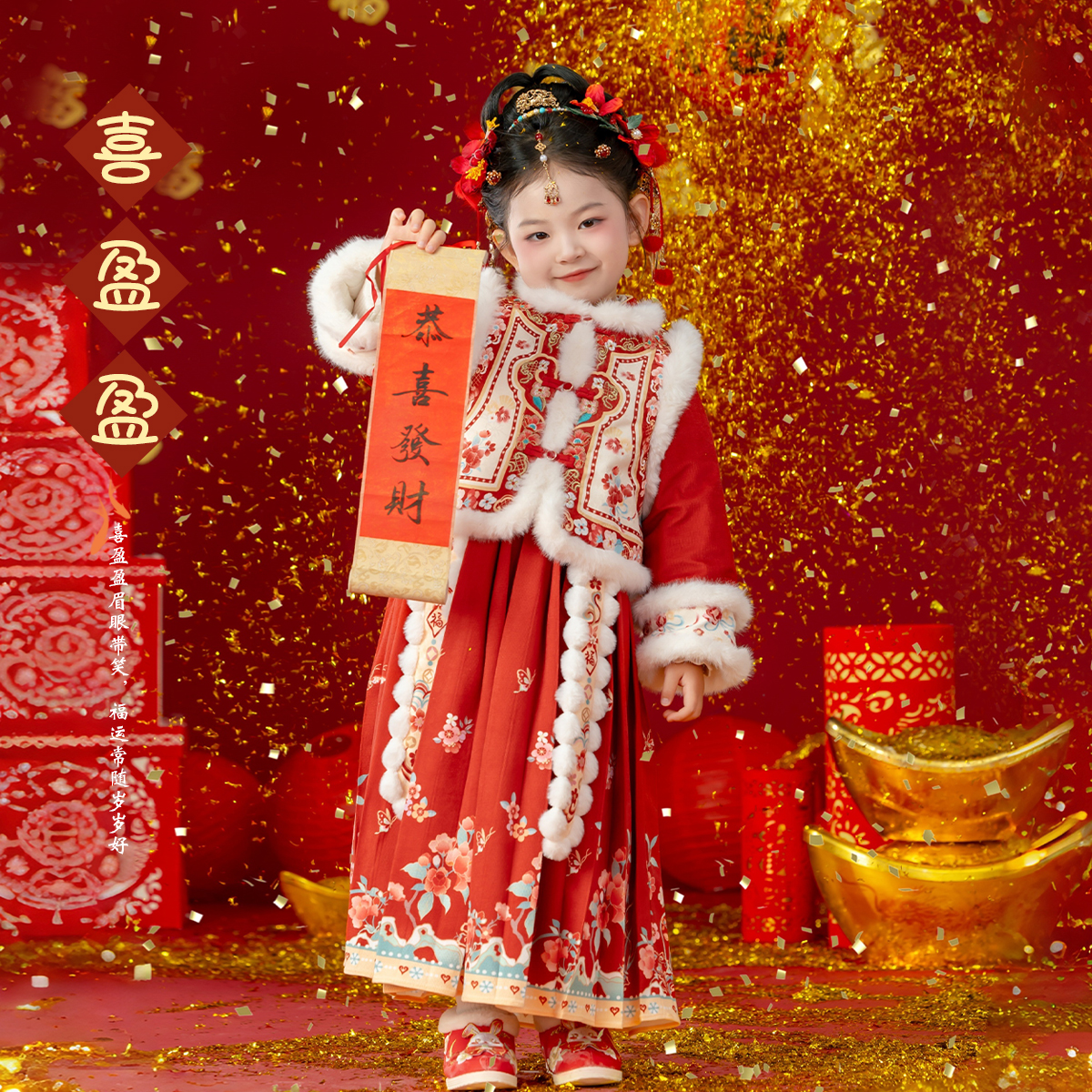 汉服女童2025冬款儿童红色喜庆加厚马甲旗袍裙小女孩连衣裙拜年服