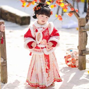 红色喜庆拜年服 加厚国风马面裙套装 汉服女童2025冬款 儿童新中式