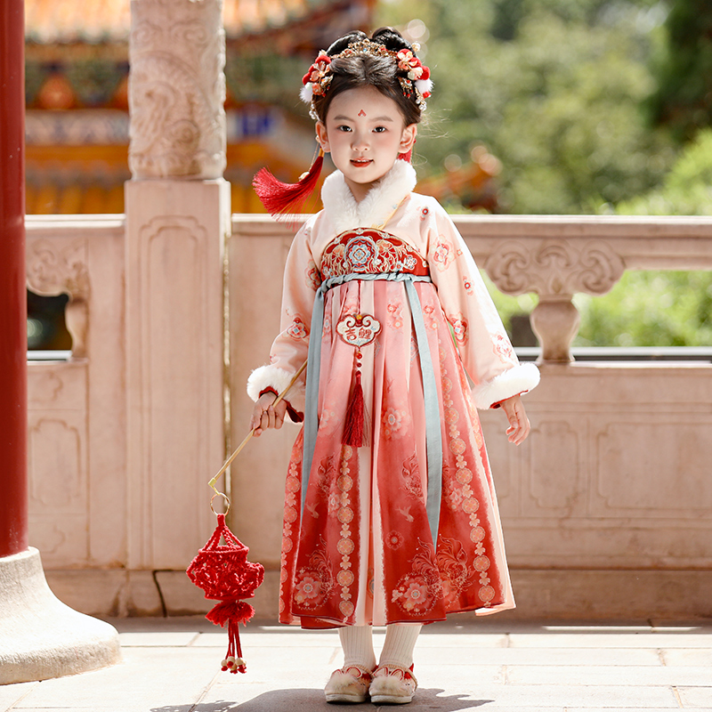 汉服女童冬季2025新款儿童古风加绒连衣裙宝宝红色喜庆保暖拜年服