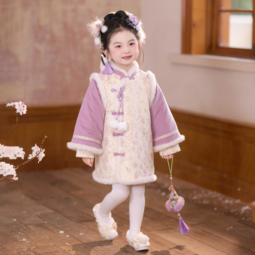 汉服女童2025冬款儿童新中式国风加厚旗袍裙小女孩古风仙气连衣裙
