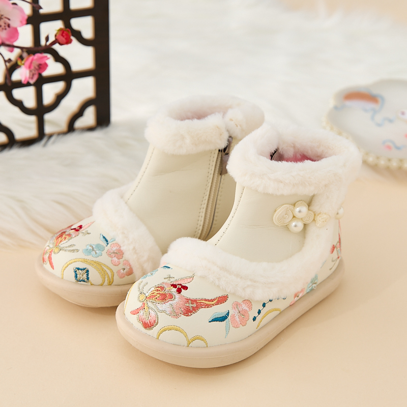 女童汉服鞋冬款2025新款儿童新中式古风绣花鞋宝宝加绒雪地靴棉鞋