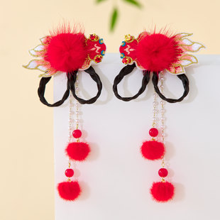 汉服女童冬款古风毛球发饰女孩国风红色喜庆过年头饰儿童中式发夹