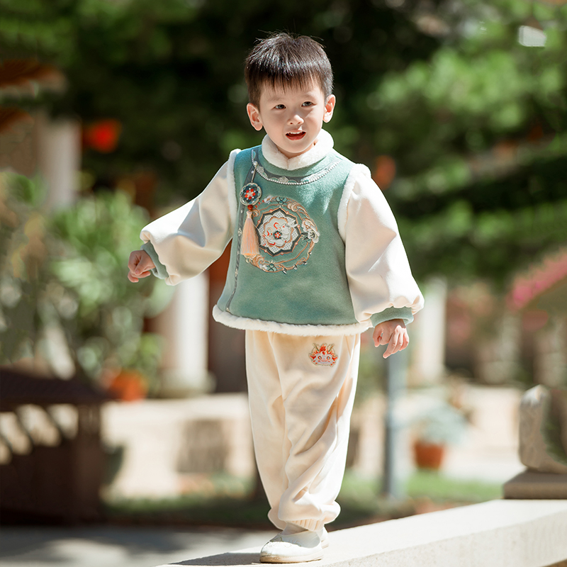 男童汉服冬季加绒加厚拜年服套装儿童中国风唐装男宝宝保暖过年服