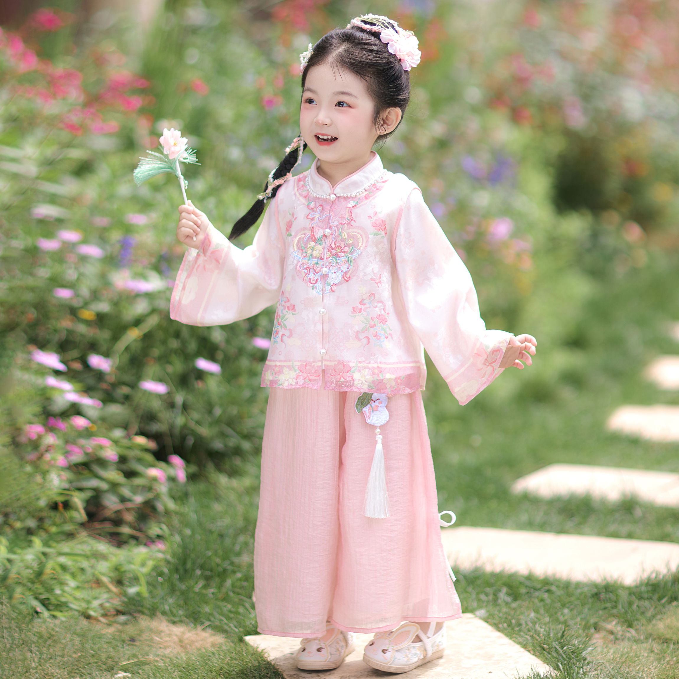汉服女童2025春秋新款儿童新中式裤子套装女孩国风长袖两件套古装
