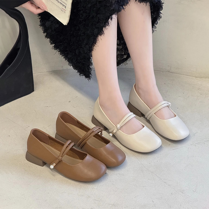 杰豪女鞋真皮法式小皮鞋女2025新款豆豆鞋低跟配裙子软底通勤单鞋