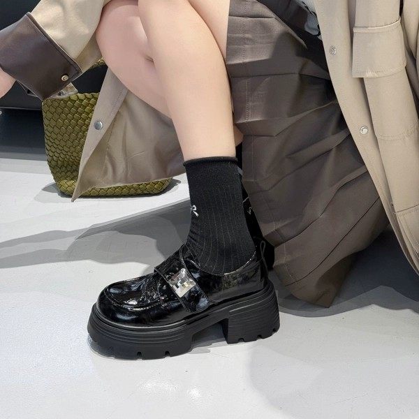 杰豪女鞋2025新款真皮厚底乐福鞋女英伦风黑色小皮鞋JK内增高正品