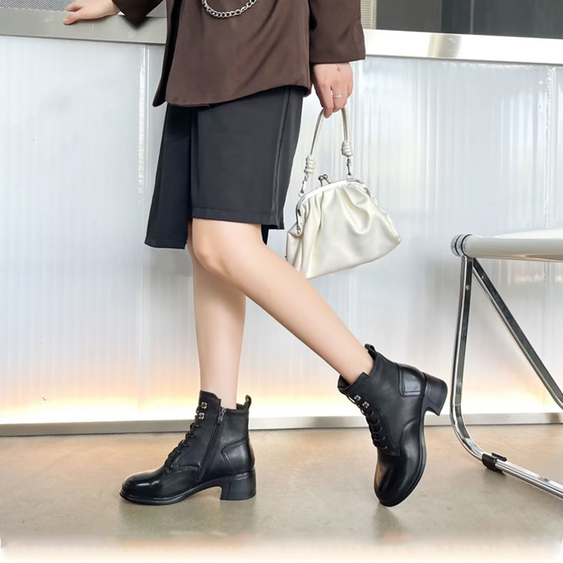 杰豪女鞋真皮粗跟短靴女2024冬季新款气质高跟时装靴马丁靴妈妈鞋