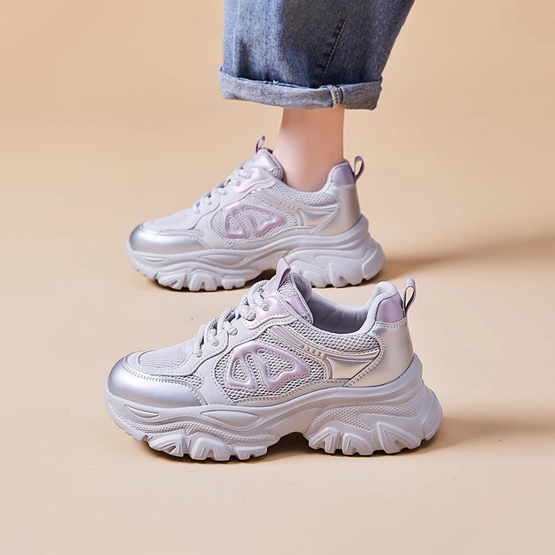 杰豪女鞋真皮网面厚底老爹鞋女2025春季新款运动休闲鞋ins潮正品