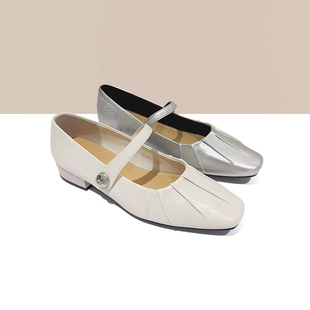 杰豪女鞋真皮玛丽珍女鞋2024新款单鞋银色小香风方头低跟凉鞋正品