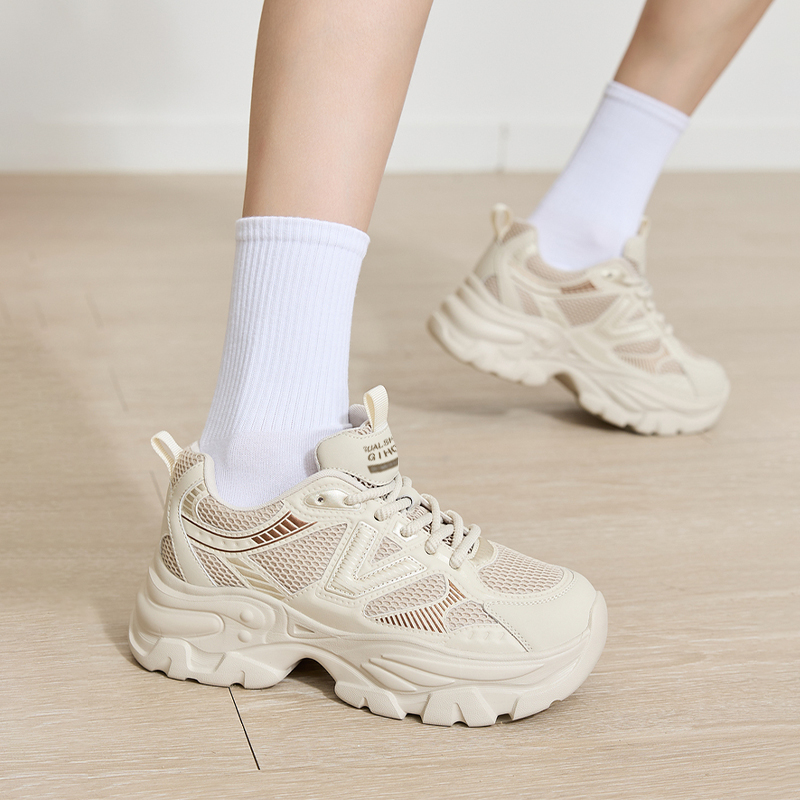 杰豪女鞋真皮网面老爹鞋女2024新款厚底休闲运动鞋内增高专柜正品