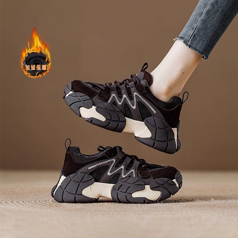 杰豪女鞋真皮加绒老爹鞋女2025新款冬季厚底内增高休闲运动鞋正品