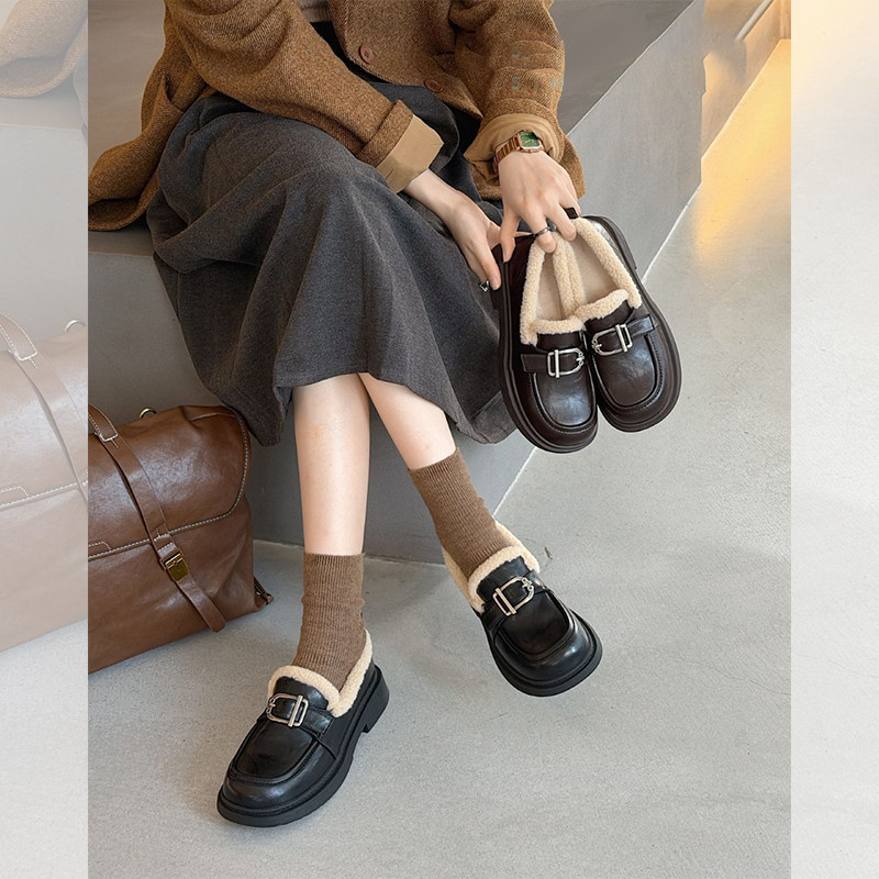 杰豪女鞋2025冬季新款加绒乐福鞋女平底皮带扣保暖棉皮鞋保暖正品,女鞋,浅口单鞋,淘宝优惠券,粉丝福利购,淘宝优惠卷