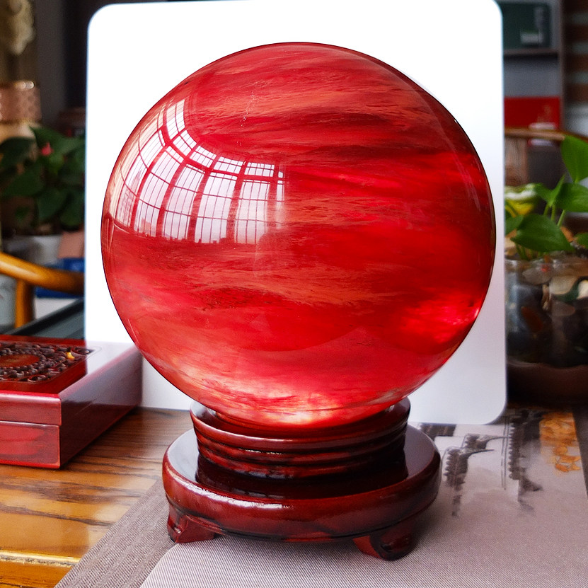 沛孚新款天然红兔毛水晶球摆件圆形红色礼品把玩件收藏财运款包邮