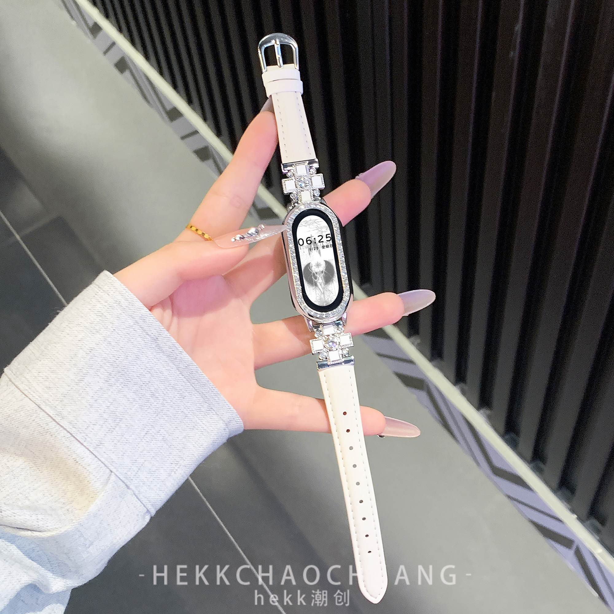 适用小米10表带清冷钻影皮质腕带