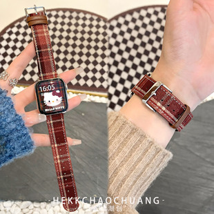 hekk适用小米手环9pro表带秋冬10pro帆布格纹复古红米watch6表带