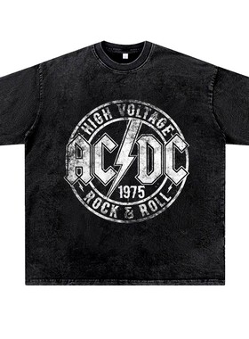美式复古vintage水洗做旧ins潮流设计感ACDC硬摇滚周边T恤男女夏