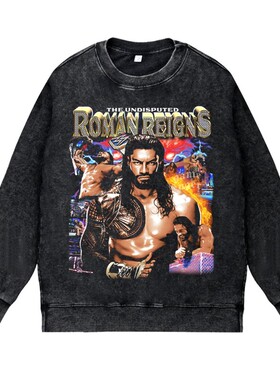 美式复古vintage高街潮流WWE职业摔跤大狗罗门伦斯圆领套头卫衣男