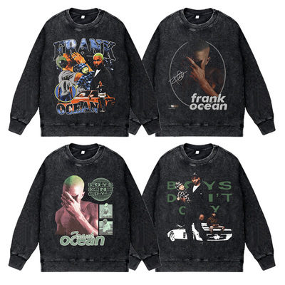 美式说唱歌手西海岸复古水洗做旧秋冬圆领套头卫衣frankocean法海