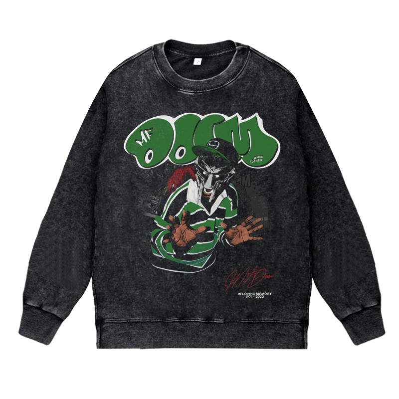 美式说唱嘻哈apper水洗做旧高街vintage套头圆领卫衣MFDOOM铁面孔