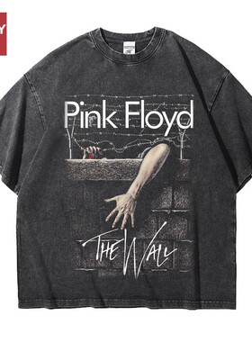 pinkfloyd乐队平克佛洛依德迷墙欧美印花做旧重磅纯棉五分短袖T恤